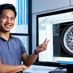 A dynamic image of a male Malaysian mechanical design engineer, mid-20s, with a look of genuine excitement, holding a finely detailed, 3D-printed prototype of a sophisticated automotive part. In the background, a large monitor displays a complex CAD software interface with wireframe models and simulation results. The setting is a modern, brightly lit design studio in Kuala Lumpur, with subtle hints of iconic city landmarks visible through a large window, embodying the rapid shift from traditional methods to cutting-edge digital design and physical realization.
