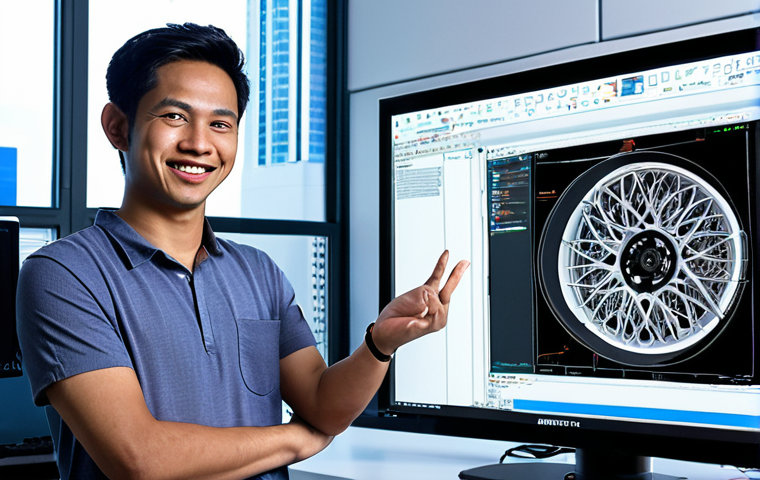 A dynamic image of a male Malaysian mechanical design engineer, mid-20s, with a look of genuine excitement, holding a finely detailed, 3D-printed prototype of a sophisticated automotive part. In the background, a large monitor displays a complex CAD software interface with wireframe models and simulation results. The setting is a modern, brightly lit design studio in Kuala Lumpur, with subtle hints of iconic city landmarks visible through a large window, embodying the rapid shift from traditional methods to cutting-edge digital design and physical realization.