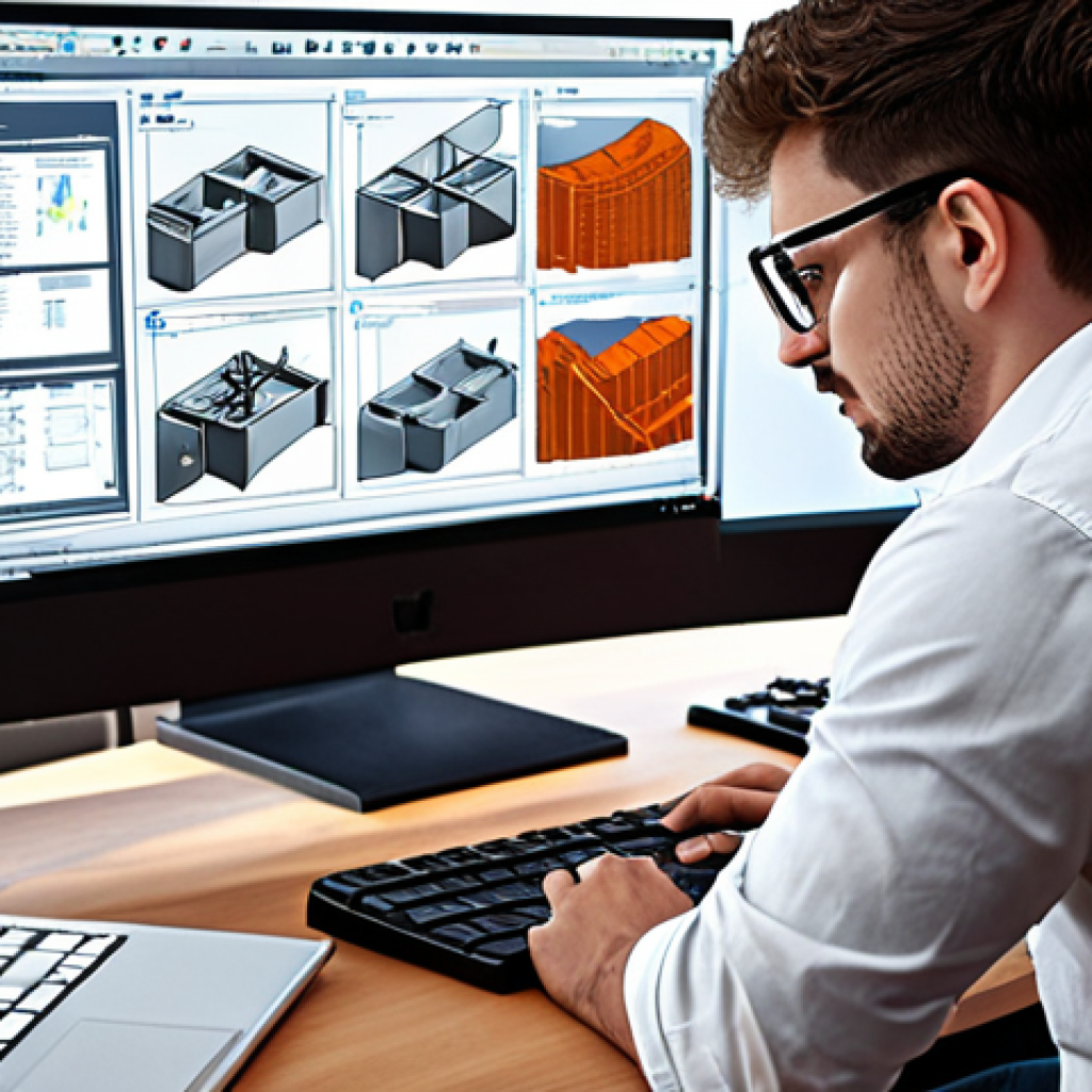 **A Mechanical Design Engineer at work:** A busy engineer in a modern office setting, using CAD software on a large monitor. Schematics and blueprints are scattered on the desk. They're wearing safety glasses and appear focused on a complex design.