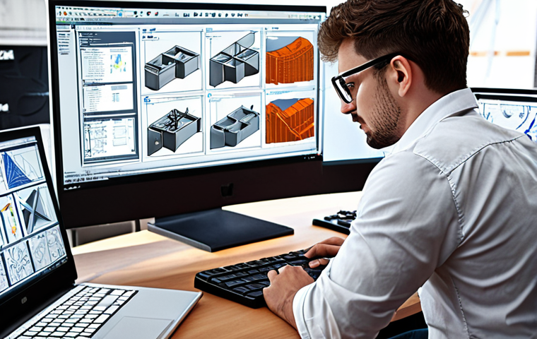 **A Mechanical Design Engineer at work:** A busy engineer in a modern office setting, using CAD software on a large monitor. Schematics and blueprints are scattered on the desk. They're wearing safety glasses and appear focused on a complex design.